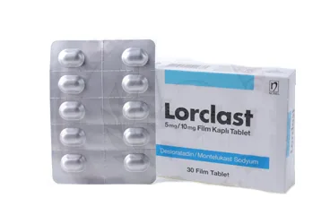 LORCLAST 5/10 MG 30 FILM KAPLI TABLET kutusu, film kaplı tablet formunda desloratin + montelukast içerir. Üretici: NOBEL İLAÇ SAN. VE TİC. A.Ş.