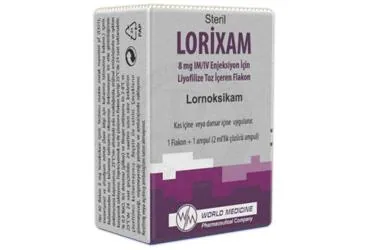LORIXAM 8 MG IM/IV ENJEKSIYONLUK COZELTI HAZIRLAMAK ICIN LIYOFILIZE TOZ VE COZUCU (1 FLAKON) ambalajı. Lornoksikam içeren çözelti. Üretici: WORLD MEDICINE İLAÇ SAN. VE TİC. A.Ş.