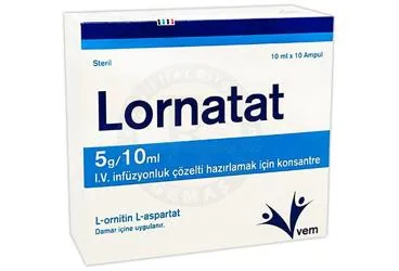 LORNATAT 5 G/10 ML I.V. INFUZYONLUK COZELTI HAZIRLAMAK ICIN KONSANTRE (10 AMPUL) (l-ornithin l-aspartat) ürün ambalajı, çözelti. Üretici: VEM İLAÇ SAN. VE TİC. ANONİM ŞİRKETİ.