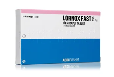 Lornoksikam içeren film kaplı tablet: LORNOX FAST 8 MG FILM KAPLI TABLET (10 TABLET) kutu fotoğrafı. Üretici: ABDİ İBRAHİM İLAÇ SANAYİ VE TİCARET A.Ş.