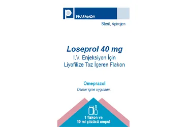 LOSEPROL 40 MG IV ENJEKSIYON ICIN LIYOFILIZE TOZ ICEREN FLAKON ürün ambalajı, flakon formunda omeprazol içerir. Üretici: PHARMADA İLAÇ SANAYİ VE TİCARET A.Ş.