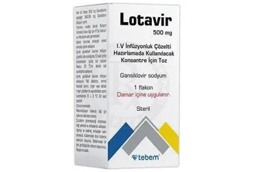 LOTAVIR 500 MG I.V. INFUZYONLUK COZELTI HAZIRLAMADA KULLANILACAK KONSANTRE ICIN TOZ (1 FLAKON) (gansiklovir) ürün ambalajı, çözelti. Üretici: TEBEM İLAÇ SANAYİ TURİZM VE TİCARET ANONİM ŞİRKETİ.