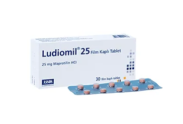 LUDIOMIL 25 MG 30 TABLET (maprotilin hidroklorür) ürün ambalajı, tablet. Üretici: ASSOS İLAÇ KİMYA GIDA ÜRÜNLERİ ÜRETİM VE TİC. A.Ş.