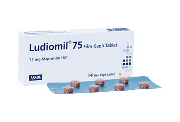 Maprotilin hidroklorür içeren tablet: LUDIOMIL 75 MG 14 TABLET kutusu. Üretici: ASSOS İLAÇ KİMYA GIDA ÜRÜNLERİ ÜRETİM VE TİC. A.Ş.