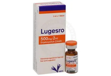 Hidroksiprogesteron içeren çözelti: LUGESRO 500 MG/2 ML ENJEKSIYONLUK COZELTI kutusu. Üretici: VEM İLAÇ SAN. VE TİC. ANONİM ŞİRKETİ.
