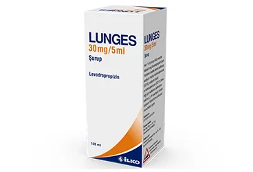 LUNGES 30 MG/5 ML 150 ML SURUP (levodropropizin) ürün ambalajı, şurup. Üretici: İLKO İLAÇ SAN. VE TİC. A.Ş.