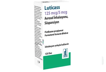 LUTICASS 125 MCG/ 5 MCG AEROSOL INHALASYONU, SUSPANSIYON (120 DOZ) (formoterol + flutikazon) kutusu, inhalasyon aerosolü. Üretici: DEVA HOLDİNG ANONİM ŞİRKETİ.