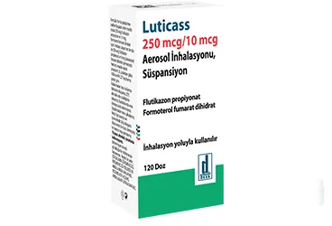 LUTICASS 250 MCG/ 10 MCG AEROSOL INHALASYONU, SUSPANSIYON (120 DOZ) (formoterol + flutikazon) ürün ambalajı, inhalasyon aerosolü. Üretici: DEVA HOLDİNG ANONİM ŞİRKETİ.