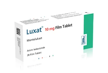 LUXAT 10 MG 28 FİLM TABLET kutusu. Montelukast sodyum içeren film kaplı tablet. Üretici: DEVA HOLDİNG ANONİM ŞİRKETİ.