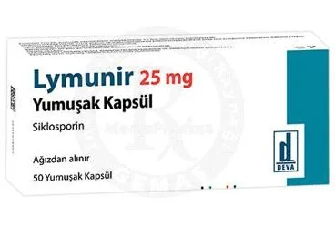 LYMUNIR 25 MG 50 YUMUSAK KAPSUL kutusu. Siklosporin içeren yumuşak kapsül. Üretici: DEVA HOLDİNG ANONİM ŞİRKETİ.