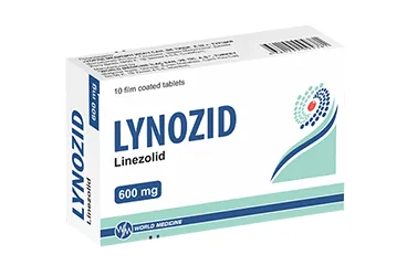 Linezolid içeren film kaplı tablet: LYNOZID 600 MG 10 FILM KAPLI TABLET ürün ambalajı. Üretici: WORLD MEDICINE İLAÇ SAN. VE TİC. A.Ş.