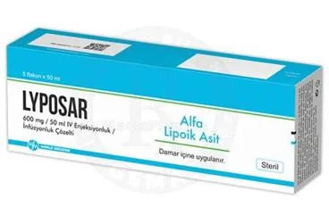 LYPOSAR 600 MG / 50 ML IV ENJEKSIYONLUK / INFUZYONLUK COZELTI (5 FLAKON) ambalajı, çözelti formunda tioctic acid içerir. Üretici: WORLD MEDICINE İLAÇLARI LTD. ŞTİ.