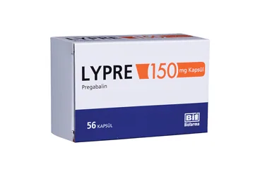 Pregabalin içeren kapsül: LYPRE 150 MG 56 KAPSUL kutusu. Üretici: BİOFARMA İLAÇ SANAYİ VE TİCARET A.Ş.