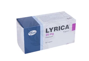 Pregabalin içeren kapsül: LYRICA 25 MG 56 KAPSÜL ürün ambalajı. Üretici: VİATRİS İLAÇLARI LİMİTED ŞİRKETİ.