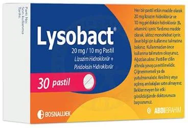 LYSOBACT 20 MG/10 MG PASTIL kutusu. Etkin maddesi boğaz antiseptik kombinasyonları. Üretici: ABDİ İBRAHİM İLAÇ SANAYİ VE TİCARET A.Ş.