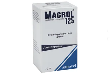 MACROL 125 MG/5 ML 70 ML SUSPANSIYON kutusu. Klaritromisin içeren süspansiyon. Üretici: SANOVEL İLAÇ SANAYİ VE TİCARET ANONİM ŞİRKETİ.