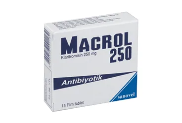 MACROL 250 MG 14 FİLM TABLET (klaritromisin) ürün ambalajı, film kaplı tablet. Üretici: SANOVEL İLAÇ SANAYİ VE TİCARET ANONİM ŞİRKETİ.