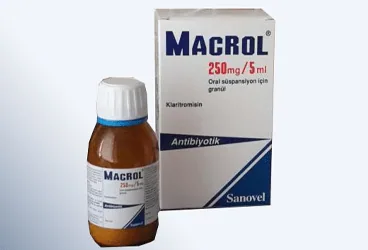 Klaritromisin içeren MACROL 250 MG/5 ML 100 ML SUSP kutu fotoğrafı. Üretici: SANOVEL İLAÇ SANAYİ VE TİCARET ANONİM ŞİRKETİ.