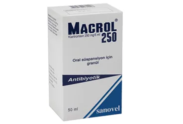 Klaritromisin içeren MACROL 250 MG/5 ML 50 ML SUSP kutu fotoğrafı. Üretici: SANOVEL İLAÇ SANAYİ VE TİCARET ANONİM ŞİRKETİ.