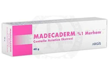MADECADERM %1 MERHEM (40 GRAM) kutusu. Centella asiatica ekstresi içeren merhem. Üretici: ARGİS İLAÇ SANAYİ VE TİCARET ANONİM ŞİRKETİ.