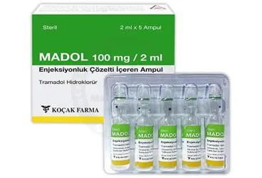 MADOL 100 MG/2ML ENJEKSIYONLUK COZELTI ICEREN AMPUL (5 AMPUL) (tramadol hcl) ambalajı, çözelti. Üretici: KOÇAK FARMA İLAÇ VE KİMYA SANAYİ A.Ş.