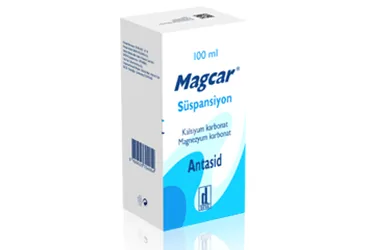 MAGCAR 680 MG + 80 MG/5 ML SUSPANSIYON (100 ML) ambalajı. Magnezyum , kalsiyum karbonat içeren süspansiyon. Üretici: DEVA HOLDİNG ANONİM ŞİRKETİ.
