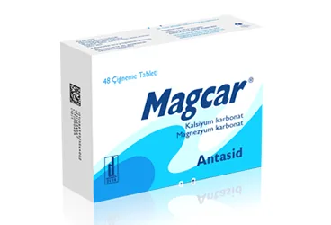 MAGCAR 680 MG / 80 MG CIGNEME TABLETI (48 TABLET) ürün ambalajı, çiğneme tableti formunda magnezyum , kalsiyum karbonat içerir. Üretici: DEVA HOLDİNG ANONİM ŞİRKETİ.