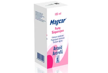 MAGCAR FORTE 600 MG / 70 MG /150 MG /5 ML SUSPANSIYON (100 ML) (magnezyum , kalsiyum karbonat) ambalajı, süspansiyon. Üretici: DEVA HOLDİNG ANONİM ŞİRKETİ.