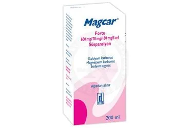 MAGCAR FORTE 600 MG / 70 MG / 150 MG / 5 ML SUSPANSIYON (200 ML) ambalajı. Magnezyum , kalsiyum karbonat içeren süspansiyon. Üretici: DEVA HOLDİNG ANONİM ŞİRKETİ.