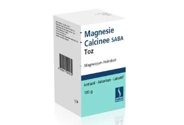 MAGNESIE CALCINEE SABA 400 MG SUSPANSIYON HAZIRLAMAK ICIN TOZ (100 G) ambalajı. Magnezyum hidroksit içeren süspansiyon. Üretici: SABA İLAÇ SANAYİİ VE TİCARET ANONİM ŞİRKETİ.