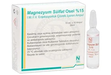 MAGNEZYUM SULFAT %15 10 ML 10 AMPUL kutu fotoğrafı, ampul formunda magnezyum içerir. Üretici: OSEL İLAÇ SANAYİ VE TİCARET ANONİM ŞİRKETİ.