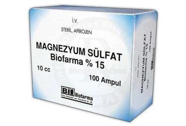 Magnezyum içeren ampul: MAGNEZYUM SULFAT % 15 100 AMPUL ürün ambalajı. Üretici: BİOFARMA İLAÇ SANAYİ VE TİCARET A.Ş.