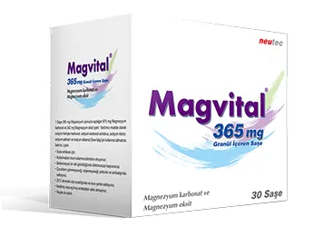 MAGVITAL 365 MG GRANUL ICEREN SASE (30 SASE) kutusu, saşe formunda magnezyum içerir. Üretici: NEUTEC İLAÇ SANAYİ TİCARET ANONİM ŞİRKETİ.