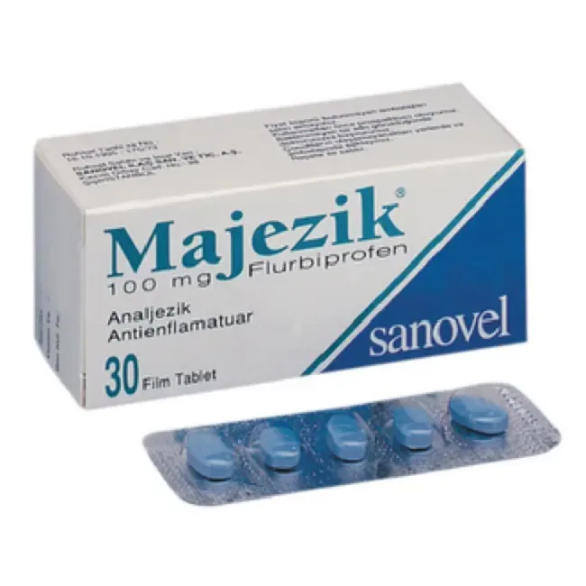 MAJEZIK 100 MG 30 FİLM TABLET ambalajı, film kaplı tablet formunda flurbiprofen içerir. Üretici: SANOVEL İLAÇ SAN. VE TİC. A.Ş.
