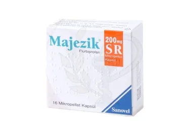 Flurbiprofen içeren kapsül: MAJEZIK 200 MG SR MIKROPELLET KAPSÜL, 30 KAPSUL kutusu. Üretici: SANOVEL İLAÇ SAN. VE TİC. A.Ş.