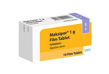 MAKSIPOR 1 GR 10 FILM TABLET kutusu, film kaplı tablet formunda sefaleksin monohidrat içerir. Üretici: TEVA İLAÇLARI SANAYİ VE TİCARET A.Ş.
