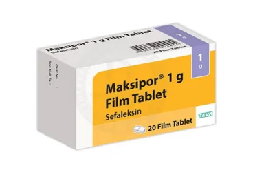 Sefaleksin monohidrat içeren film kaplı tablet: MAKSIPOR 1 GR 20 FILM TABLET ürün ambalajı. Üretici: TEVA İLAÇLARI SANAYİ VE TİCARET A.Ş.