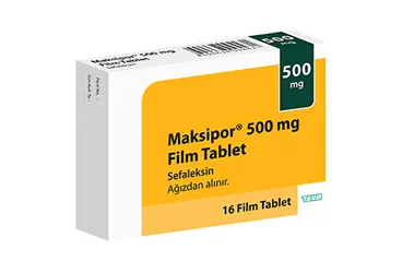 MAKSIPOR 500 MG 16 FILM TABLET ürün ambalajı. Sefaleksin monohidrat içeren film kaplı tablet. Üretici: TEVA İLAÇLARI SANAYİ VE TİCARET A.Ş.