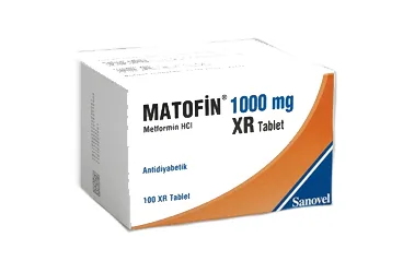 MATOFIN 1000 MG 100 XR TABLET ürün ambalajı. Metformin içeren tablet. Üretici: SANOVEL İLAÇ SANAYİ VE TİCARET ANONİM ŞİRKETİ.