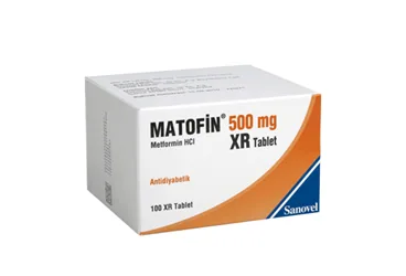 Metformin içeren tablet: MATOFIN 500 MG 100 XR TABLET kutu fotoğrafı. Üretici: SANOVEL İLAÇ SANAYİ VE TİCARET ANONİM ŞİRKETİ.