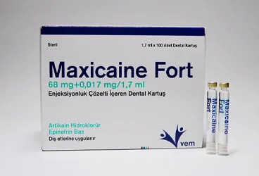 MAXICAINE FORT 68 MG+ 0.017 MG/1.7 ML ENJEKSIYONLUK COZELTI ICEREN DENTAL KARTUS(100 ADET) (artikain + epinefrin) kutu fotoğrafı, çözelti. Üretici: VEM İLAÇ SAN. VE TİC. ANONİM ŞİRKETİ.