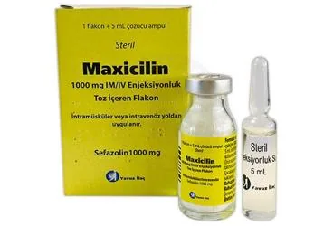 MAXICILIN 1000 MG IM/IV ENJEKSIYONLUK TOZ IÇEREN FLAKON (sefazolin sodyum) ambalajı, flakon. Üretici: YAVUZ İLAÇ ECZA DEPOSU MEDİKAL ÜRÜNLER SANAYİ VE TİCARET A.Ş.
