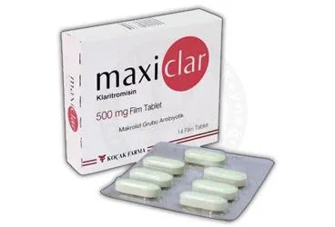 MAXICLAR 500 MG FILM KAPLI TABLET (14 FILM KAPLI TABLET) ürün ambalajı. Klaritromisin içeren film kaplı tablet. Üretici: KOÇAK FARMA İLAÇ VE KİMYA SANAYİ A.Ş.
