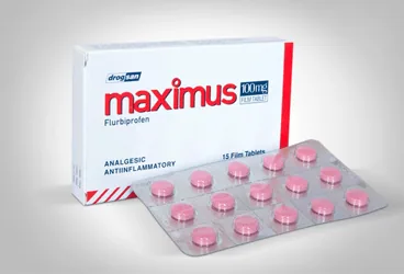 MAXIMUS 100 MG 15 FİLM TABLET ürün ambalajı, film kaplı tablet formunda flurbiprofen içerir. Üretici: DROGSAN İLAÇLARI SAN. VE TİC. A.Ş.
