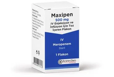 Meropenem içeren flakon: MAXIPEN 500 MG IV ENJEKSIYON VE INFUZYON ICIN TOZ ICEREN 1 FLAKON ambalajı. Üretici: MENARİNİ SAĞLIK VE İLAÇ SANAYİ TİCARET ANONİM ŞİRKETİ.