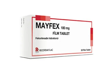 MAYFEX 180 MG 10 FİLM TABLET kutusu. Feksofenadin hidroklorid içeren film kaplı tablet. Üretici: RECORDATİ İLAÇ SANAYİ VE TİCARET ANONİM ŞİRKETİ.