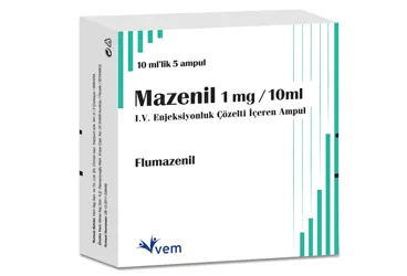 Flumazenil içeren ampul: MAZENIL 1 MG/10 ML IV ENJ. ICIN COZ. ICEREN 5 AMPUL ürün ambalajı. Üretici: VEM İLAÇ SAN. VE TİC. ANONİM ŞİRKETİ.