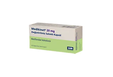 Metilfenidat hidroklorür içeren tablet: MEDIKINET 20 MG 30 TABLET ürün ambalajı. Üretici: ASSOS İLAÇ KİMYA GIDA ÜRÜNLERİ ÜRETİM VE TİC. A.Ş.