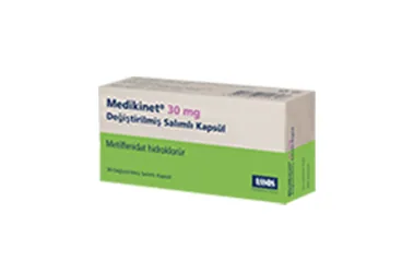 Metilfenidat hcl içeren kapsül: MEDİKİNET 30 MG DEĞİŞTİRİLMİŞ SALIMLI KAPSÜL (120 KAPSÜL) ambalajı. Üretici: ASSOS İLAÇ KİMYA GIDA ÜRÜNLERİ ÜRETİM VE TİC. A.Ş.