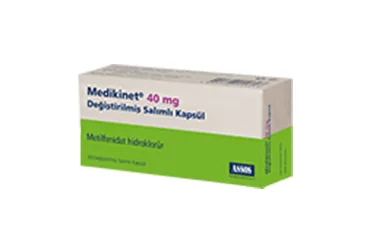 Metilfenidat hcl içeren kapsül: MEDİKİNET 40 MG DEĞİŞTİRİLMİŞ SALIMLI KAPSÜL (120 KAPSÜL) kutusu. Üretici: ASSOS İLAÇ KİMYA GIDA ÜRÜNLERİ ÜRETİM VE TİC. A.Ş.